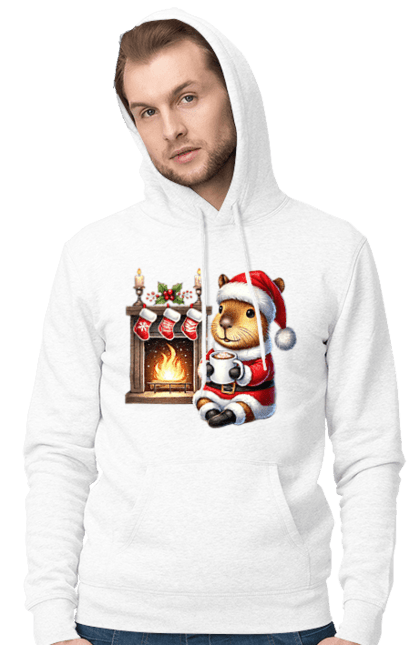 Men's hoodie with prints Capybara by the fireplace with hot chocolate. Animal, capybara, christmas, christmas capybara, fireplace, gift, holiday, hot chocolate, new year, santa. 2070702