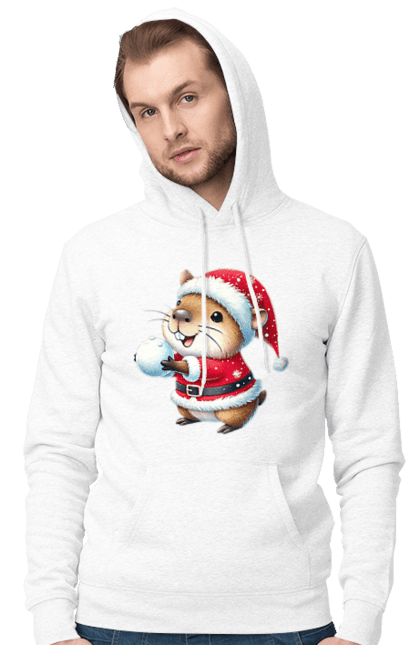 Men's hoodie with prints Capybara playing snowballs. Animal, capybara, christmas, christmas capybara, game, gift, holiday, new year, santa, snowballs. 2070702