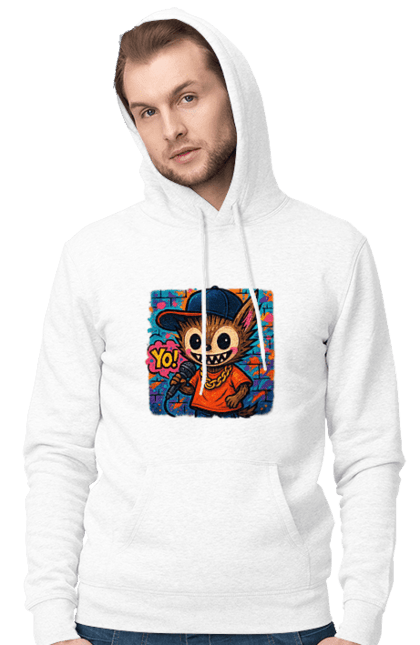 Чоловіче худі з принтом "Лабубу". Бейсболка, вуличне мистецтво, графіті, золотийланцюг, лабубу, мікрофон, міський стиль, репатмосфера, хіпхоп, яскраво. 2070702