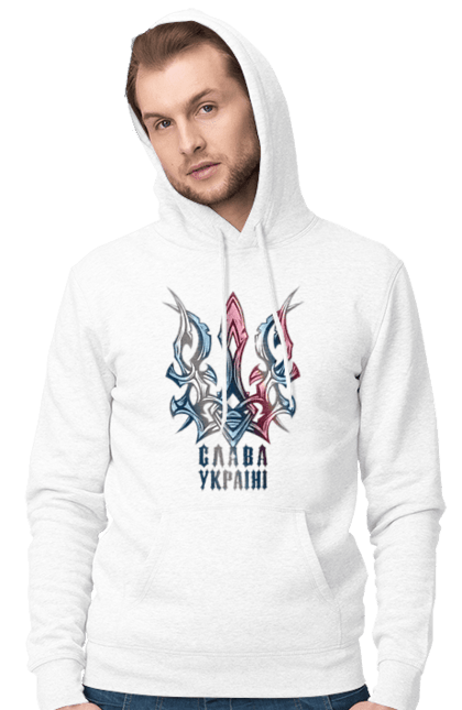 Men`s hoodie with prints The Trident Glory to Ukraine is colored. Freedom, glory to ukraine, i am ukrainian, trident, ukraine, will. 2070702