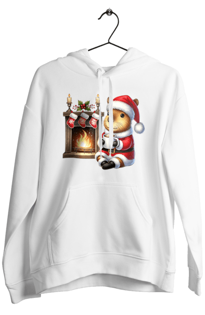 Men's hoodie with prints Capybara by the fireplace with hot chocolate. Animal, capybara, christmas, christmas capybara, fireplace, gift, holiday, hot chocolate, new year, santa. 2070702