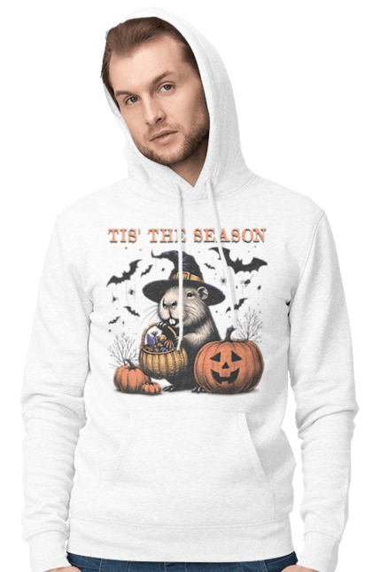 Men's hoodie with prints Capybara Halloween. Animal, capybara, ghost, halloween, holiday, moon, pumpkin, rodent, witch. 2070702