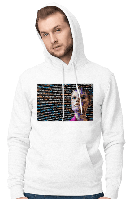 Чоловіче худі з принтом "Штучний Розум". Айті, айтішник, гик, жінка, знання, інженер, інтелект, кібер, кібернетика, кіборг, код, комп, комп`ютерник, кристал, машинне навчання, мікросхема, мозок, портрет, програміст, професіонал, професія, розробник, розум, світиться, світло, хакер, чіп, штучний інтелект, штучний розум. 2070702