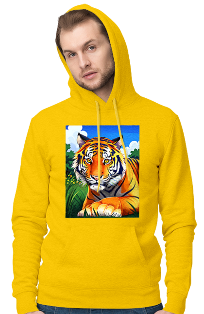 Чоловіче худі з принтом "Тигр у квітах". Тигр, тигр на природі, тигр у квітах. CustomPrint.market