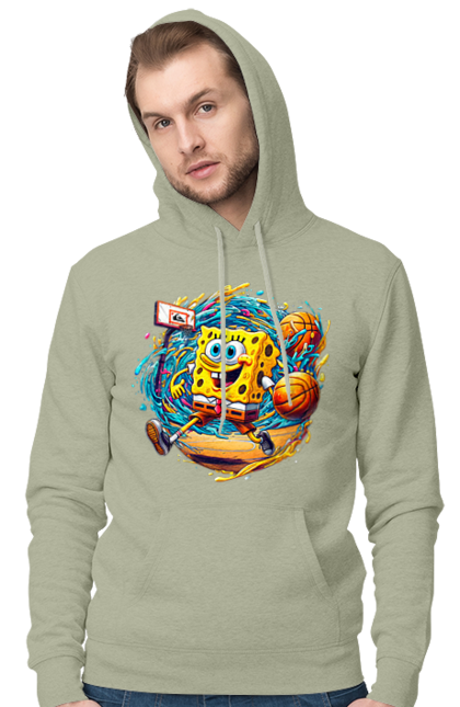 Men's hoodie with prints SpongeBob. Animated series, ball, basketball, cartoon, spongebob, spongebob squarepants, sport. 2070702