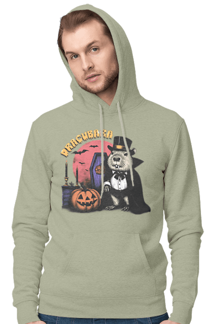 Men's hoodie with prints Capybara Halloween. Animal, capybara, ghost, halloween, holiday, moon, pumpkin, rodent, vampire. 2070702