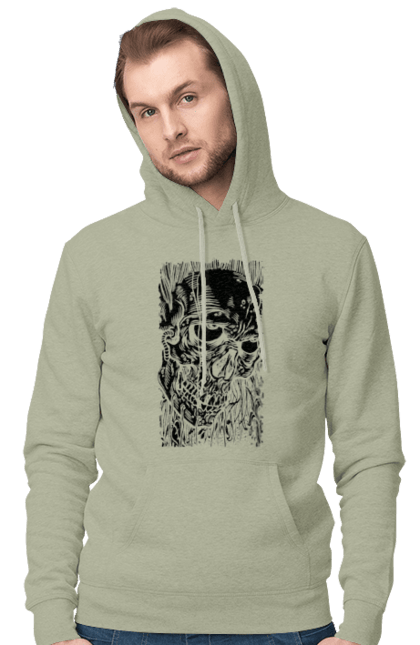 Men's hoodie with prints Skull. Black and white, bones, eyes, scull, teeth, worms. 2070702