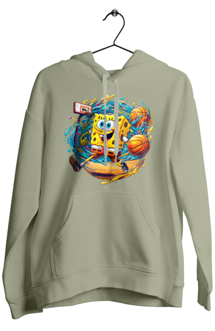 Men's hoodie with prints SpongeBob. Animated series, ball, basketball, cartoon, spongebob, spongebob squarepants, sport. 2070702