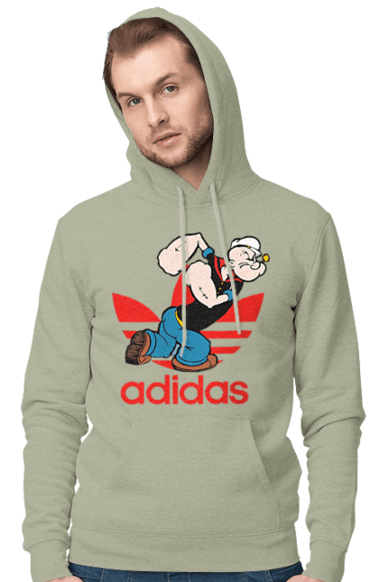 Мужское худи с принтом Adidas Моряк Попай. Adidas, popeye the sailor, адидас, комикс, моряк, мультфильм, сериал, трубка. 2070702