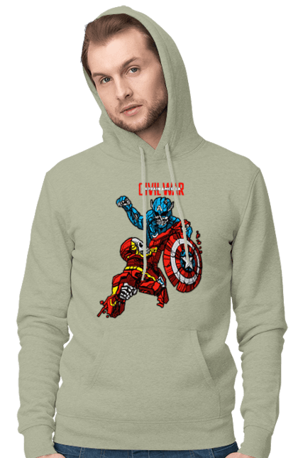 Men's hoodie with prints Iron Man vs Captain America. Avengers, captain america, civil war, comic, comics, film, iron man, marvel, marvel comics, tony stark. 2070702