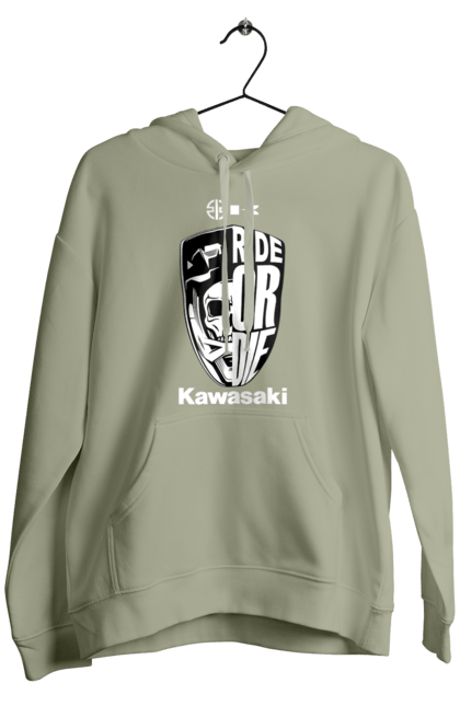 Men's hoodie with prints Kawasaki. Brand, kawasaki, motorbike, ride or die, scull, sport. 2070702