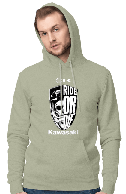 Men's hoodie with prints Kawasaki. Brand, kawasaki, motorbike, ride or die, scull, sport. 2070702