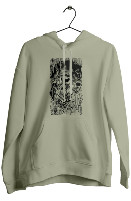 Men's hoodie with prints Skull. Black and white, bones, eyes, scull, teeth, worms. 2070702