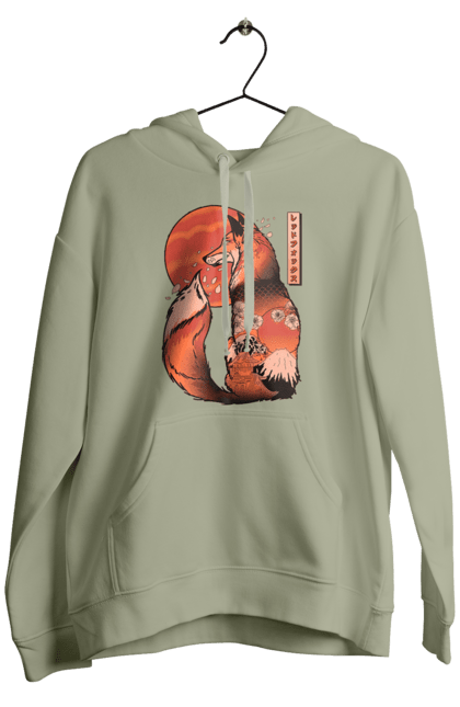 Men's hoodie with prints Kitsune. Animal, cherry blossoms, flowers, fox, great wave, japan, japanese, kitsune, mount fuji, red fox. 2070702