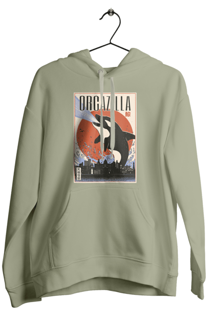 Men's hoodie with prints Orcazilla. Cartoon style design, graphic, japan print, japanese, japanese art, japanese poster, japanese poster orca, ocean wildlife, orca, orcazilla. 2070702