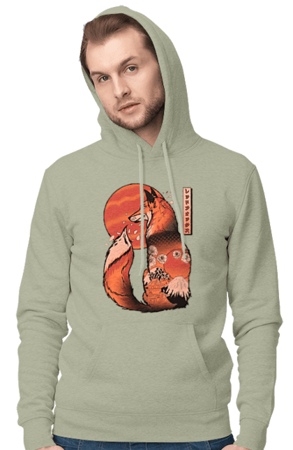 Men's hoodie with prints Kitsune. Animal, cherry blossoms, flowers, fox, great wave, japan, japanese, kitsune, mount fuji, red fox. 2070702