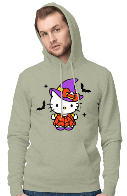 Men's hoodie with prints Hello Kitty Halloween. Brand, cat, character, halloween, hello kitty, kitten, kitty, witch. 2070702