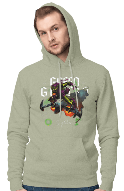 Мужское худи с принтом Зелёный гоблин. Green goblin, marvel, spider-man, зеленый гоблин, злодей, комикс, марвел, суперзлодей, человек паук. 2070702