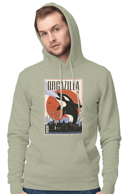 Men's hoodie with prints Orcazilla. Cartoon style design, graphic, japan print, japanese, japanese art, japanese poster, japanese poster orca, ocean wildlife, orca, orcazilla. 2070702