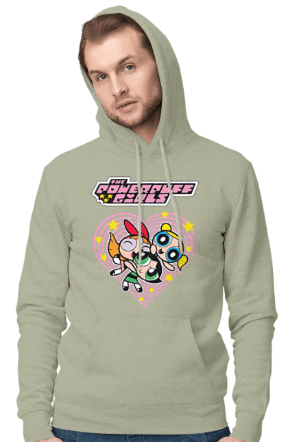 Men's hoodie with prints Powerpuff Girls. Animated series, blossom, bubbles, buttercup, cartoon network, cool girls, heart, powerpuff girls. 2070702