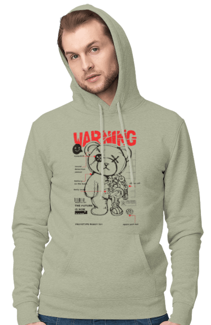 Men's hoodie with prints Robot bear. Attention, bear, details, robot, toy, warning. 2070702