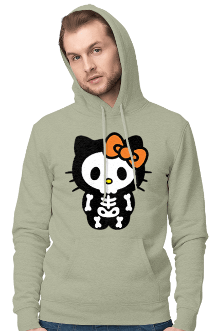 Чоловіче худі з принтом "Хелло Кітті Хелловін". Halloween, hello kitty, zombie, бренд, зомбі, кошеня, персонаж, скелет, хелло кітті, хелловін. 2070702