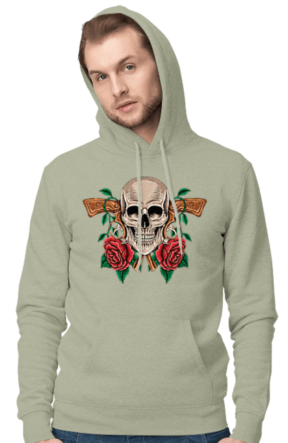 Men's hoodie with prints Skull with roses. Bones, eyes, flowers, gun, leaves, rose flower, scull, spikes, teeth. 2070702