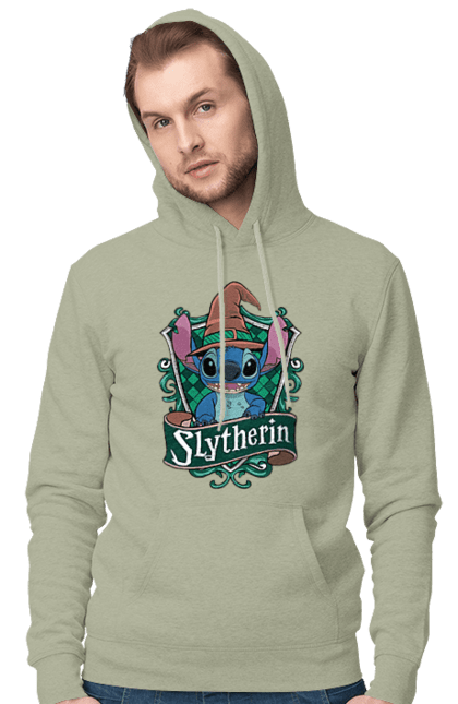 Men's hoodie with prints Stich Slytherin. Faculty, franchise, harry potter, hogwarts, slytherin, stich. 2070702