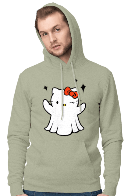 Мужское худи с принтом Хелло Китти Хэллоуин. Ghost, halloween, hello kitty, бренд, кот, котенок, персонаж, привидение, хелло китти, хэллоуин. 2070702