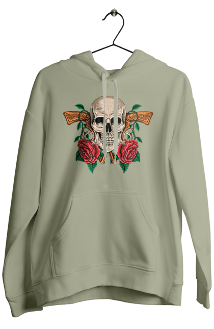 Men's hoodie with prints Skull with roses. Bones, eyes, flowers, gun, leaves, rose flower, scull, spikes, teeth. 2070702