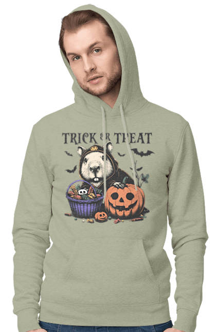 Men's hoodie with prints Capybara Halloween. Animal, capybara, halloween, holiday, moon, pumpkin, rodent. 2070702