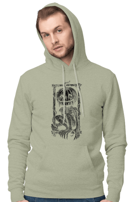 Men's hoodie with prints Scarecrow. Autumn, claws, frame, halloween, horror, pumpkin, scarecrow, skeleton, smile. 2070702