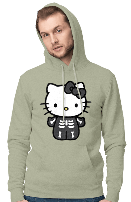 Men's hoodie with prints Hello Kitty Halloween. Brand, character, halloween, hello kitty, kitten, kitty, skeleton, zombie. 2070702