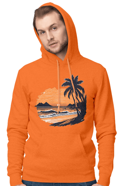 Чоловіче худі з принтом "Безтурботний пляж на заході сонця". Захід сонця, пляж, розслаблення. CustomPrint.market