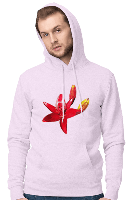 Men`s hoodie with prints Red lily. Bright, bud, buds, color, flower, lily, nature, red, red flower, red lily, sunny. 2070702