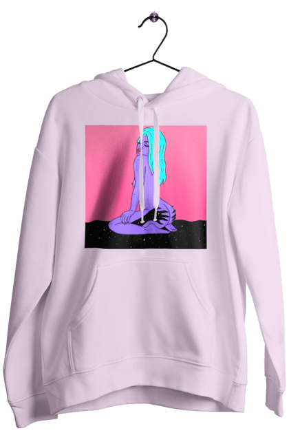 Чоловіче худі з принтом "Фіолетова Дівчина В Руках". Дівчина, інопланетянка, сидить. 2070702