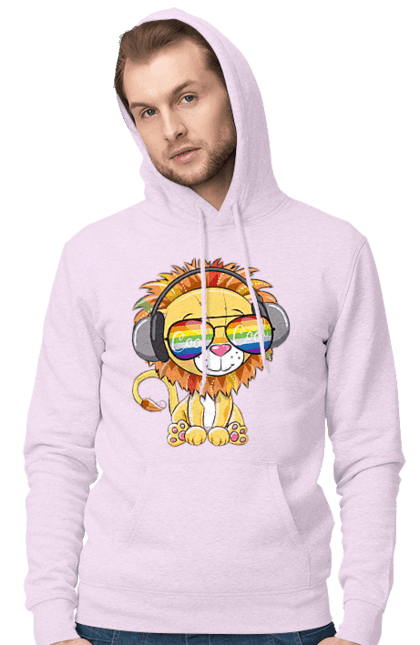 Men`s hoodie with prints Lion In Glasses And Headphones. Glasses, headphones, lion cub. 2070702
