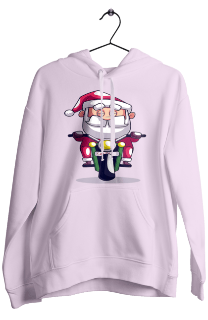 Men`s hoodie with prints Happy Santa on a motorcycle. 2022, christmas, motorcycle, new year, santa, santa claus, snow, winter. 2070702