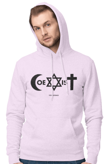 Чоловіче худі з принтом "Coexist". Coexist, іслам, іудаїзм, міжрелігійний діалог, релігія, рівність, символи віри, толерантність, християнство. 2070702