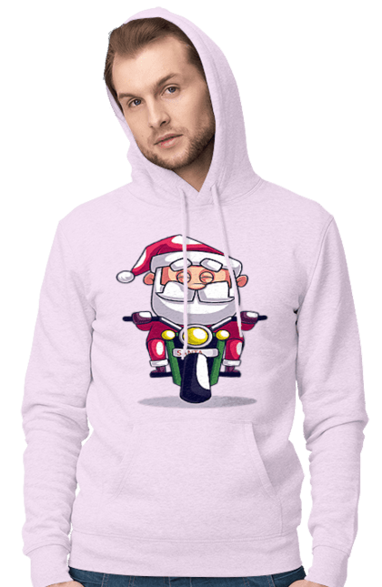 Men`s hoodie with prints Happy Santa on a motorcycle. 2022, christmas, motorcycle, new year, santa, santa claus, snow, winter. 2070702