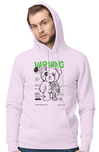 Men's hoodie with prints Robot bear. Attention, bear, details, robot, toy, warning. 2070702