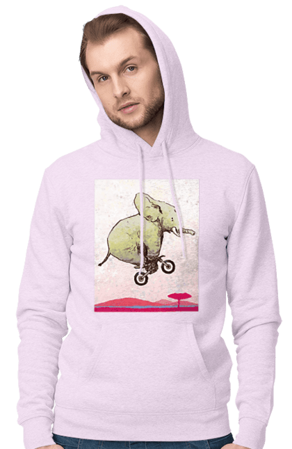 Men`s hoodie with prints Elephant On A Motorcycle. Elephant, flight, motorcycle. 2070702