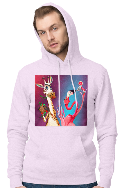 Men`s hoodie with prints Giraffe And Flamingo At The Party. Cocktail, flamingo, food, giraffe. 2070702