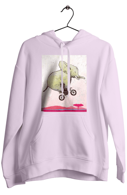 Men`s hoodie with prints Elephant On A Motorcycle. Elephant, flight, motorcycle. 2070702
