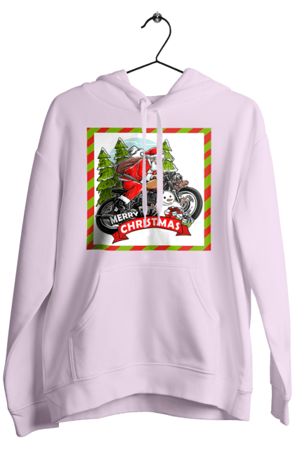 Men`s hoodie with prints Santa on a motorcycle. Christmas, motorcycle, new year, presents, santa, snowman, tree. 2070702