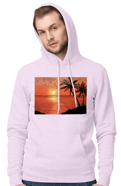 Men`s hoodie with prints West Palm Sea. Palm trees, sea, shore. 2070702