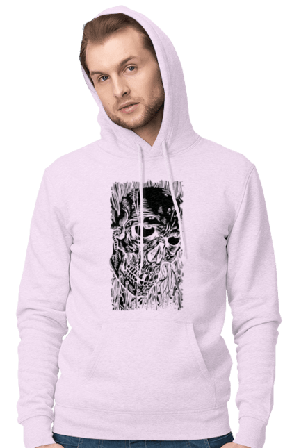 Men's hoodie with prints Skull. Black and white, bones, eyes, scull, teeth, worms. 2070702