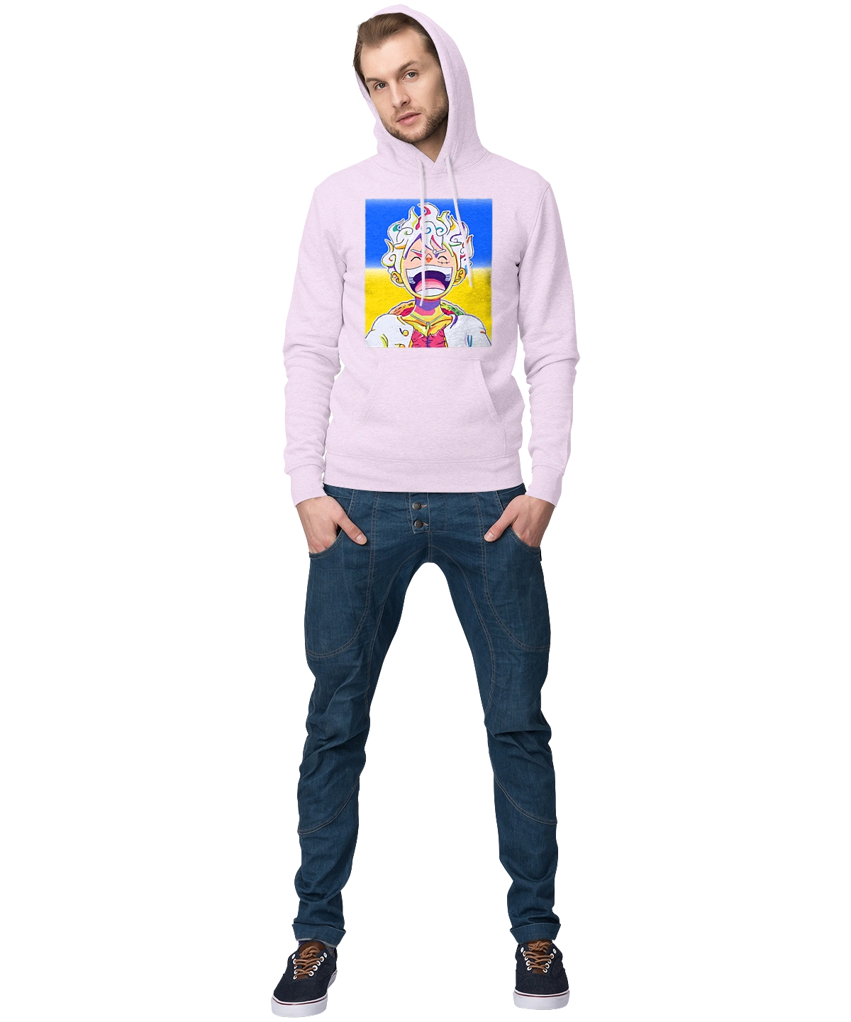 Монки д Луффи смеется на желтом синем фоне.