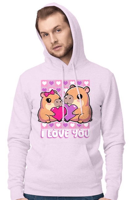 Чоловіче худі з принтом "Закохана капібара". I love you, валентинка, день святого валентина, капибара, кохання, милі тварини, пара капібар, романтика, романтичний подарунок, серця. 2070702