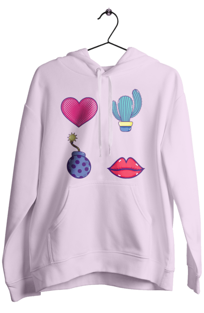 Men`s hoodie with prints Heart, Cactus, Bomb, Lips. Bomb, cactus, lips. 2070702